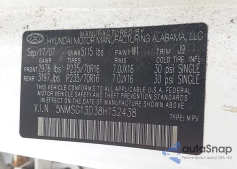 2008 Hyundai Santa Fe Gls from USA, damaged, VIN 5NMSG13D38H152438